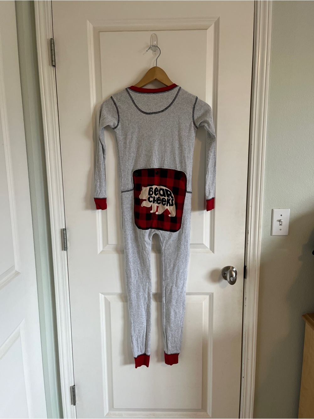 Lazy One Gray Kids One-Piece Pajamas with Red Trim & Plaid Pocket - Bear Cheeks